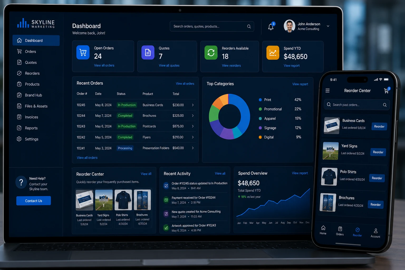 SkylineNex Platform customer dashboard with orders, quotes, reorders, and spend overview