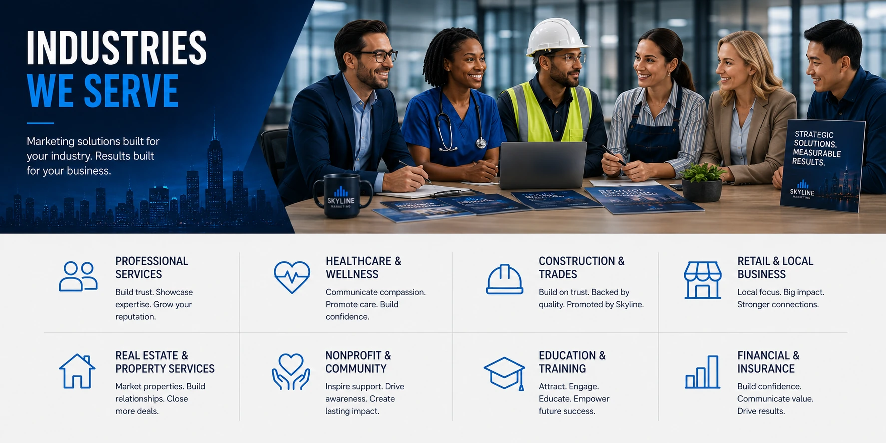 Skyline Marketing industry solutions overview for professional services, healthcare, construction, retail, real estate, nonprofit, education, and campaign packages